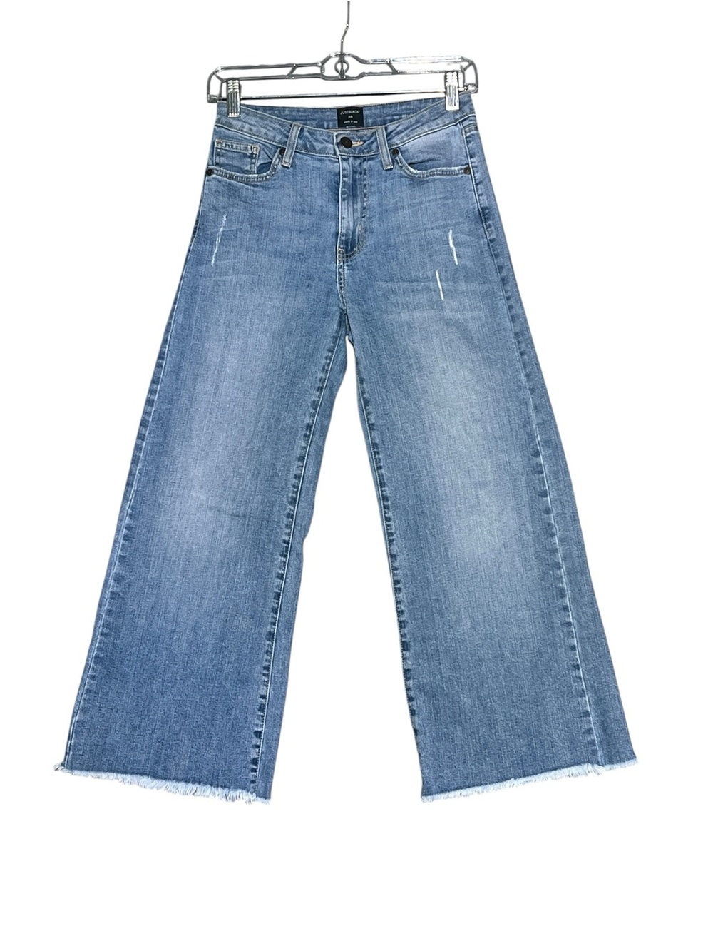 JUST BLACK USA Wide Leg Crop Jeans Light Wash Whiskered Raw Hem Stretch Size 24 - Picture 16 of 16